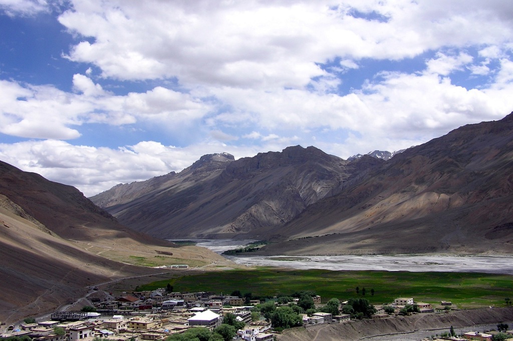 town lying in barren mountains valley of spiti