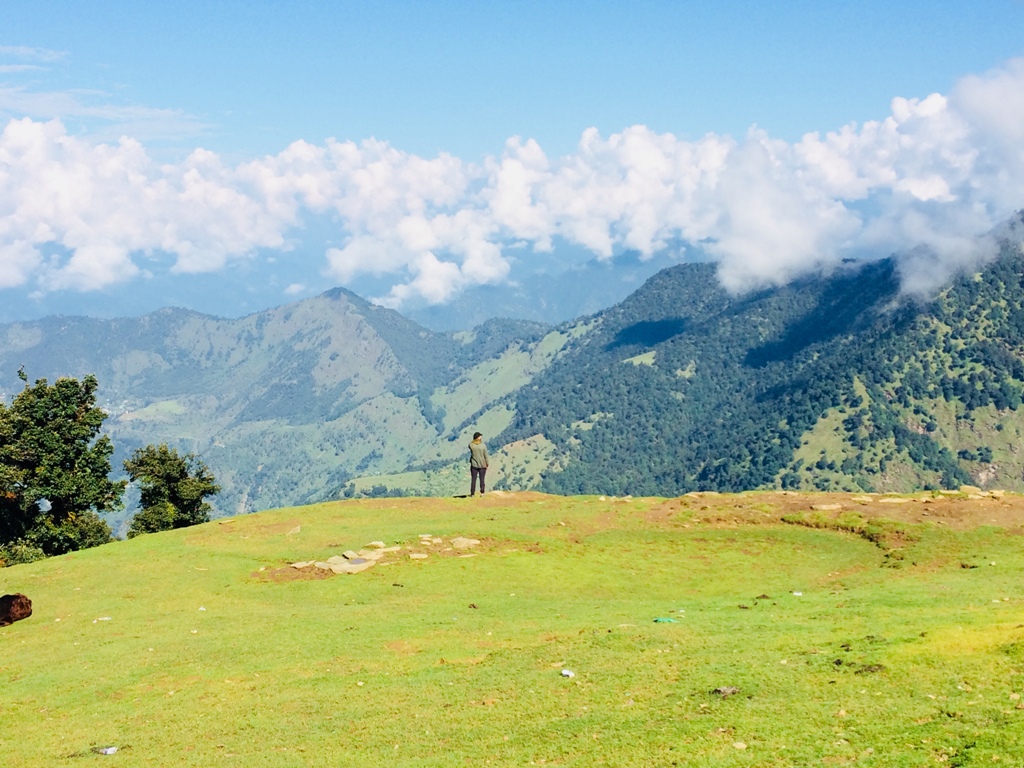 Chopta valley view with vast green meadows and mountains