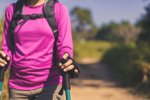 Trekker using a hiking pole for support and balance