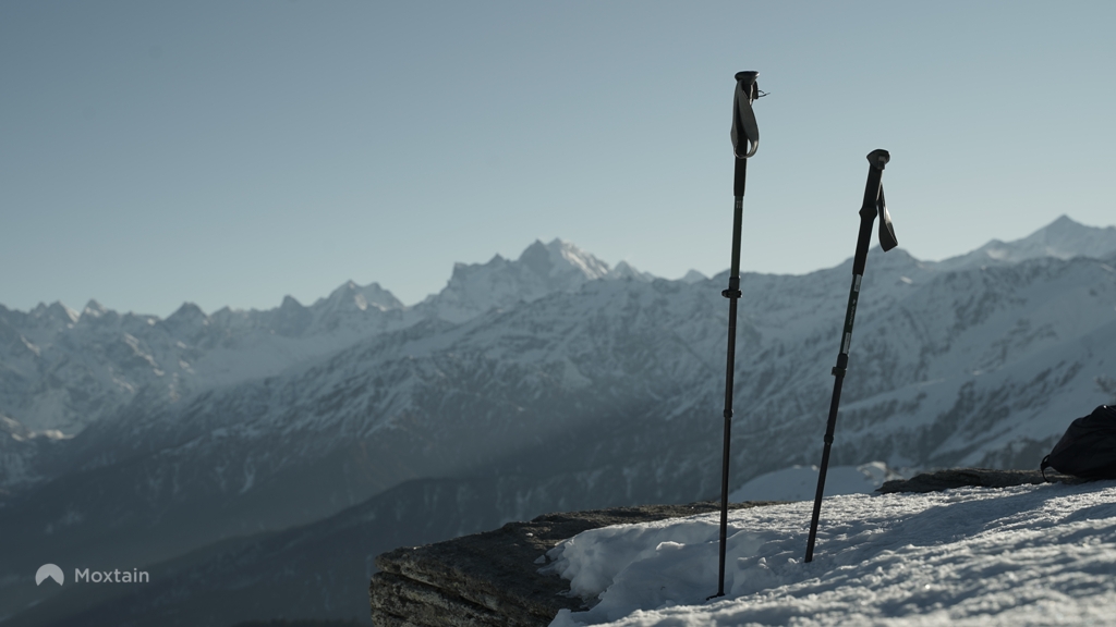 trekkign poles pitched on snow